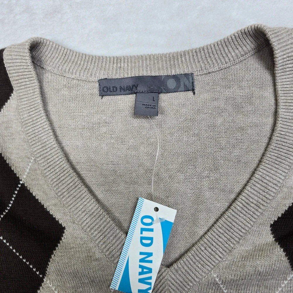 Old Navy Argyle Sweater Vest Mens Large Tan Orange Black‎ V Neck NEW